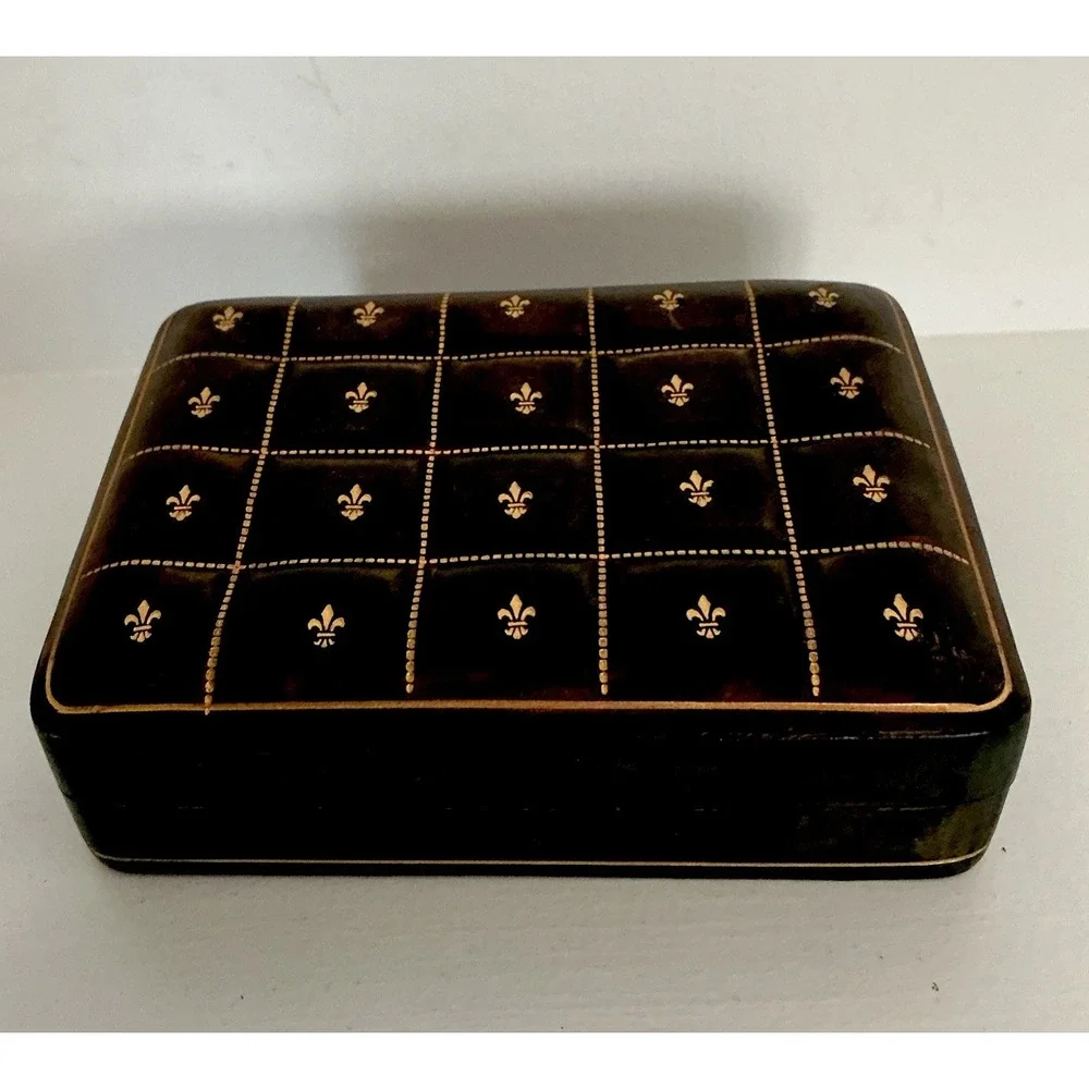 Vtg Italian Leather Jewelry Trinket Box Fleur de lis 5.5